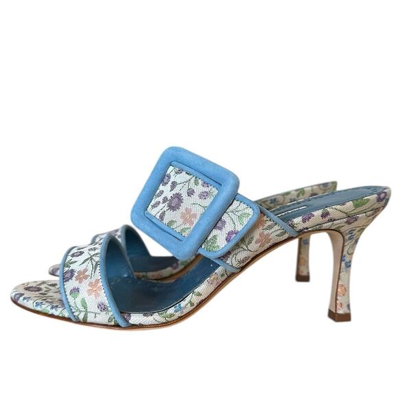 Manolo Blahnik Floral Blue Gable Buckle High Heel Sandal Mule 37 - Picture 10 of 11